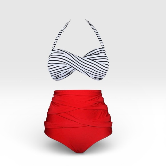 Angerella Other - Elegant Black and White Striped Bikini with Red High-Waisted Bottoms